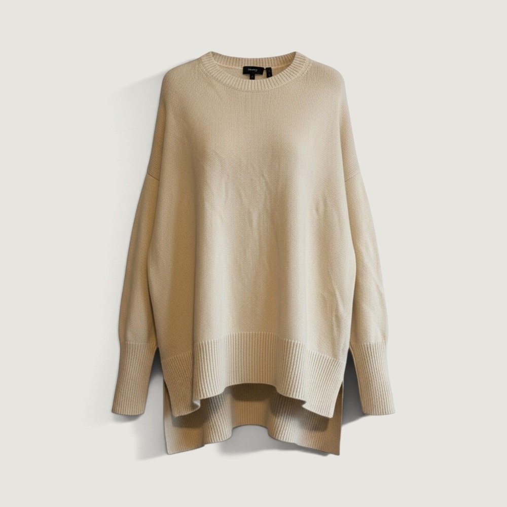Theory Sweater Womens Small Beige Cashmere Crewneck Hi-Low Hem Knit Pullover